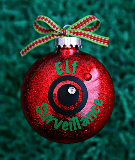 Elf Cam Ornament, Santa Camera Ornament, Bulb Painting, Santa Camera, Vinyl Christmas Ornaments, Elf Surveillance, Cricut Tshirt, Cricut Ornaments, Floating Ornaments