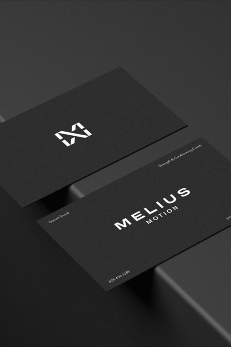 Minimal black business card design for a modern athletic brand. Black White Grey Branding, Black Brand Identity Design, Sleek Business Cards, Modern Brand Identity Design, Visit Card Minimalist, Tech Business Card Design, Minimalistic Business Cards, Black Business Cards Design, Graphic Designer Business Card Creative