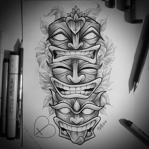 Tiki totem illustration for tattoo Tim van horn Hawaiian Sleeve Tattoo, Deer Head Tattoo, Tato Maori, Tiki Tattoo, Totem Tattoo, Tiki Head, Flame Tattoos, Tiki Totem, Muster Tattoos