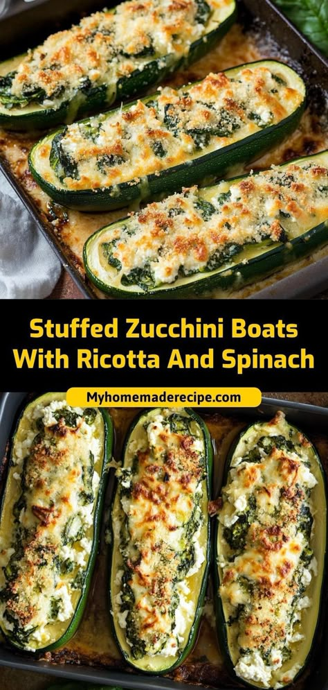 Enjoy these baked zucchini boats filled with a creamy mixture of ricotta, fresh spinach, and mozzarella, topped with a savory tomato sauce. A perfect vegetarian option for a hearty family meal. Ingredients: 4 medium zucchini 1 cup ricotta cheese 1 cup fresh spinach, chopped 1 cup shredded mozzarella cheese Vegan Zucchini Boats, Baked Zucchini Boats, Baked Stuffed Zucchini, Low Carb Food Ideas, Spinach And Mozzarella, Spinach Recipes Healthy, Zucchini Stuffed, Stuffed Zucchini Boats, Sausage Stuffed Zucchini