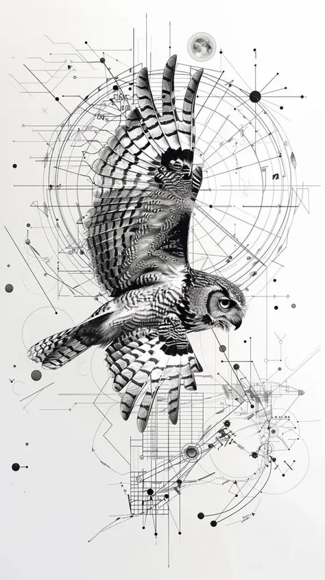 Owl Drawing Black And White, Fineline Owl Tattoo, Owl Fine Line Tattoo, Owl Flying Drawing, Static Nature, Drawing Of An Owl, Geometric Owl Tattoo, Square Tattoo, Owl Flying