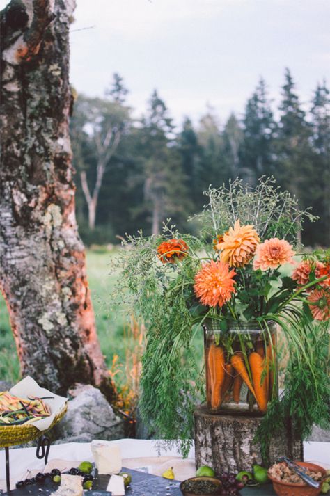 Watercolour Carrots, Carrots Photography, Dahlia Centerpiece, Colorful Coastal, Fruit Wedding, Thanksgiving Wedding, Coastal Maine, Clear Vase, Rustic Centerpieces