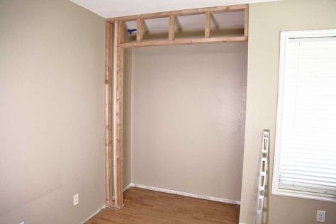 How to Build a DIY Closet in a Bedroom - TheDIYPlan Diy Closet Framing, Diy Basement Closet, Framing A Closet Diy How To Build, Build A Closet Diy, Doorless Wardrobe, How To Build A Closet In A Room Diy, Diy Closet With Doors, Diy Free Standing Closet, Open Wall Closet