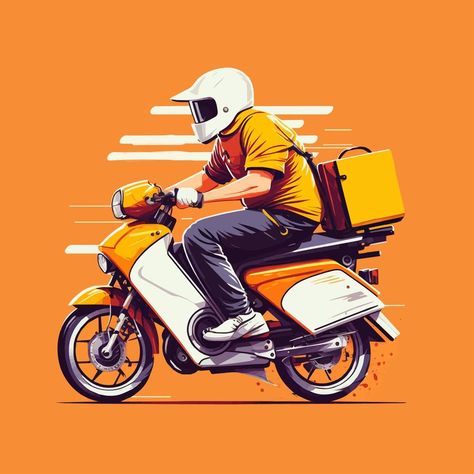 food Delivery man riding scooter motorcycle illustration flat style vector Delivery Guy Illustration, Food Delivery Illustration, Free Delivery Poster, Delivery Man Illustration, Man Riding Motorcycle, Scooter Illustration, Delivery Motorcycle, Delivery Illustration, Motorcycle Vector