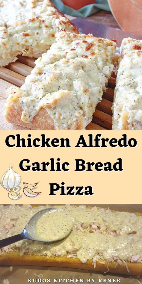 Garlic Bread Chicken Sandwich, Chicken And Bread Recipes, Meals With Garlic Bread, Recipes Using Garlic Bread, Chicken Alfredo Cheese Bread, Dinner With Garlic Bread, Chicken Alfredo Stuffed Garlic Bread, Last Min Dinner Ideas, Chicken Alfredo Garlic Bread Pizza