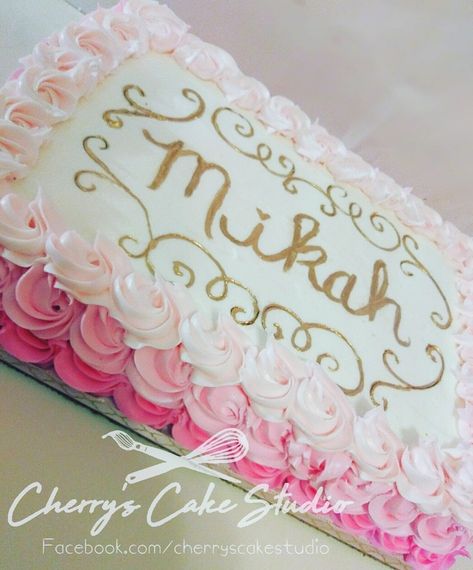 Pink ombre rosette sheet cake Sheet Cake Rosettes, Rosette Sheet Cake Ideas, Rectangular Birthday Cake Ideas, Pink And Gold Sheet Cake, Pink Sheet Cake Birthday, Princess Birthday Sheet Cake, Sweet 16 Sheet Cake Ideas, Ombre Sheet Cake, Sweet 16 Sheet Cake