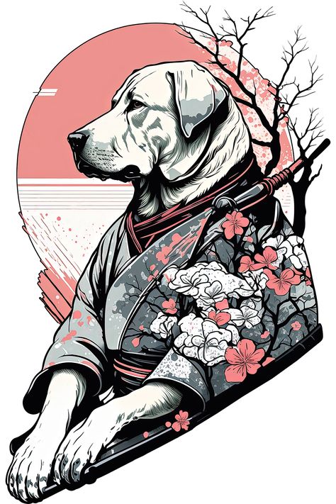 Colorful labrador samurai print is now available on teepublic, you can get it on all kind of t-shirts, hoodies, phonecases, mugs, wallarts, stickers, etc. #samurai #samurai #sakura #japan #dog Indie Dog Illustration, Sticker For Tshirt, Dog Samurai Tattoo, Dog In Hoodie, Samurai Dog, Samurai Print, Traditional Viking Tattoos, Foo Dog Tattoo, Logo Dragon