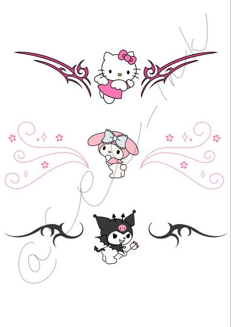 Kuromi And Hello Kitty Tattoo, Hello Kitty And Kuromi Tattoo, Hello Kitty And Friends Tattoo, Matching Tattoos Hello Kitty, My Melody Tattoo Ideas, Hello Kitty Flash Tattoo, Kuromi And My Melody Tattoo, Draculaura Tattoo, My Melody Tattoo