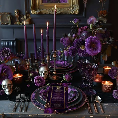 Elegant Mystical Gothic Purple and Gold Wedding Menu | Zazzle Purple Black And Gold Wedding Cake, Gothic Witchy Wedding Ideas, Black Wedding Cakes Elegant, Gothic Wedding Purple, Black And Purple Wedding Theme Receptions, Halloween Themed Wedding Decorations, Royal Purple And Black Wedding, Black And Purple Gothic Wedding, Celestial Forest Wedding