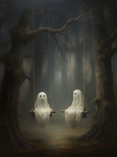 An oil painting of two ghosts on swings. Victorian Gothic Art, Cottagecore Artwork, Painting Cottagecore, Dark Academia Prints, Cute Ghosts, Halloween Artwork, Decor Shabby Chic, Halloween Wall Art, Halloween Painting