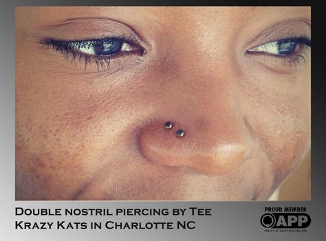 Double nostril piercing by Tee at Krazy Kats in Charlotte NC #appmember Double Nostril Piercing, Snakebites, Frog Eye, Snake Eyes, Titanium Jewelry, Tattoos And Piercings, Piercings, Nose Ring