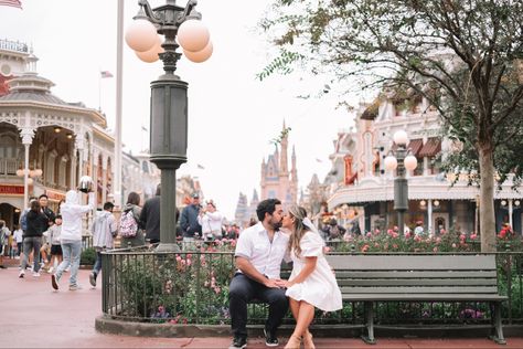 Disney Engagement Photoshoot, Engagement Photos Disney, Disney Engagement Photos, Disney Couple Photos, Disney World Engagement Photos, Disney World Engagement Pictures, Disneyland Photoshoot Couple, Magic Kingdom Photo Ideas, Engagement Photos At Disney World