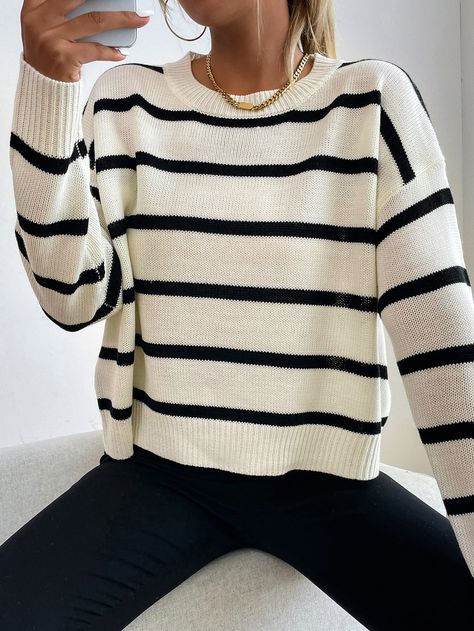 Black and White Casual Collar Long Sleeve Fabric Striped Pullovers Embellished Slight Stretch Spring/Fall Women Clothing Multicolor Sweater, Oversize Pullover, Pull Oversize, Drop Shoulder Sweaters, Sweater Sale, College Fashion, Sweaters Knitwear, Striped Sweater, Outfit Casual