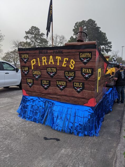 Pirate Parade Float Ideas, Pirate Football Theme, Pirate Ship Float Parade, Pirate Parade Float, Pirate Float Ideas, Pirate Homecoming Float, Pirate Floats For Parade, Pirate Ship Homecoming Float, Pirates Of The Caribbean Float Ideas