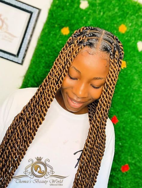 Fishtail Rasta Hairstyles With Braids, Boxed Twist Braids, Latest Twist Braids Hairstyles, Braided Hairstyles For Preteens, Gold Braids For Black Women, Twisting Braids Hairstyles, Latest Hair Braids Styles 2023 Twist, Medium Rope Twist Braids, Brown Rope Twist