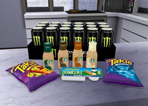 Snacks The Sims 4 cc starbucks frappuccino frappe bottle mocha coffee vanilla dairylea dunkers takis fuego blue heat monster bulk green energy drink crisps chips object decor clutter food ts4 ts4cc ccfinds customcontent custom content Clutter Decor, Starbucks Frappe, The Sims 4 Custom Content, Sims 4 Kitchen, Sims Baby, Sims 4 Cas Mods, The Sims 4 Pc, Sims 4 Clutter, The Sims 4 Packs