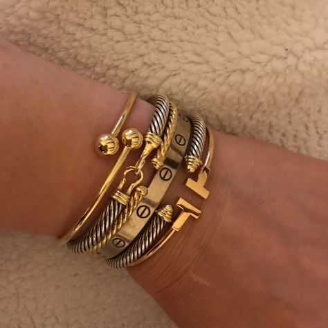 David Yurman Bracelet Stack, Tiffany Bracelet Stack, Silver Bracelet Stack, Jewelry Stack, Wrist Stack, Gold Bracelets Stacked, Stacked Bracelets, Mixed Metal Bracelets, David Yurman Bracelet