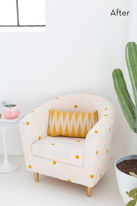 Weekend Project: Easy Ikea Hack Chair Makeover Ikea Hack Chair, Ektorp Sofa, Kura Bed, Easy Ikea Hack, Painted Chair, Patterned Chair, Ikea Chair, Diy Ikea, Best Ikea