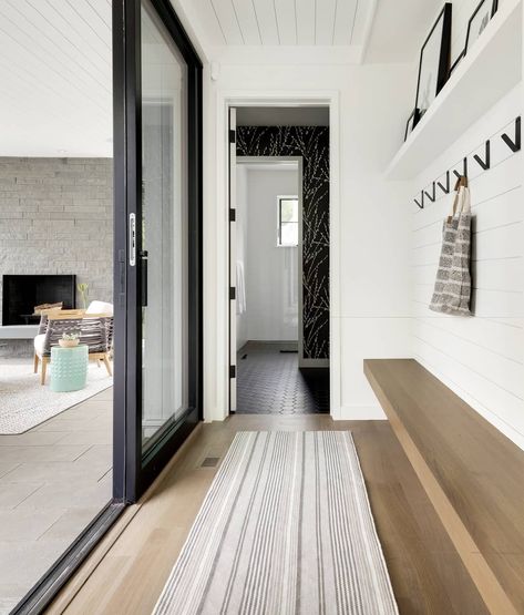 Martha O'Hara Interiors on Instagram: “Don't you just love those in-between places? We created a mini-mudroom in this hall that leads to the outdoor pool and bathroom/changing…” Floating Bench, White Shiplap Wall, Mudroom Design, Cottage Style Homes, White Shiplap, House Blend, Interior Design Photos, Mudroom Bench, Cottage Design