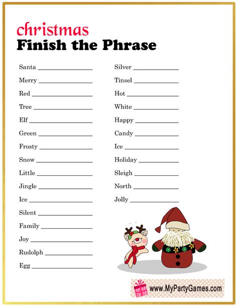 Free Christmas Games To Print, Christmas Games For Family Free, Christmas Finish My Phrase Free Printable, Think Fast Christmas Game, Christmas Fill In The Blank Game, Christmas Finish My Phrase Game, Free Christmas Party Games, Finish My Phrase Christmas, Christmas Game Printables Free