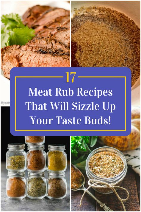 Collage of 4 meat rub recipes. Spicy Rib Rub Recipe, Homemade Rubs For Meat, Pastrami Rub Recipe, Sweet Bbq Rub Recipe, Pork Roast Rub, Meat Tenderizer Recipe, Barbecue Rub Recipes, Homemade Meat Rub, Asian Ribs