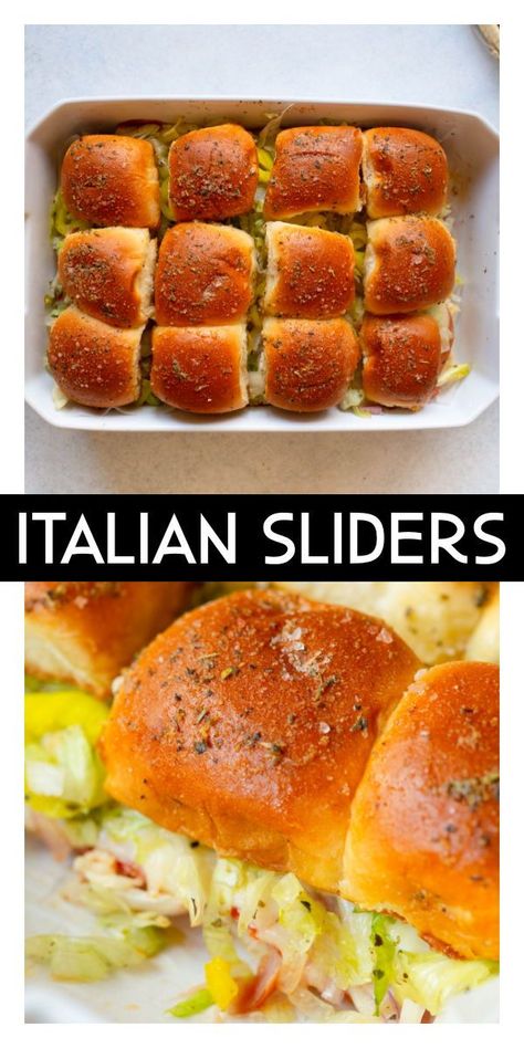 Italian Sliders are warm sandwiches made with Hawaiian roll sliders, filled with ham, salami, provolone cheese, banana peppers, lettuce, and Italian dressing. The rolls are brushed with an Italian seasoned butter. These are perfect for an easy lunch, dinner or game day appetizer! Warm Sandwiches, Hawaiian Roll Sandwiches, Italian Sliders, Roll Sliders, Slider Recipe, Hawaiian Roll Sliders, Rolled Sandwiches, Seasoned Butter, Easy Meals For Families