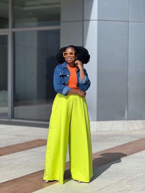 This pin shows color blocking options. A mix and match idea of how to wear orange with lemon color. Lemon Pants, Hair Orange, Wide Legged Pants, Lagos Nigeria, Orange Top, Afro Hair, Neon Color, Afro Hairstyles, Proud To Be