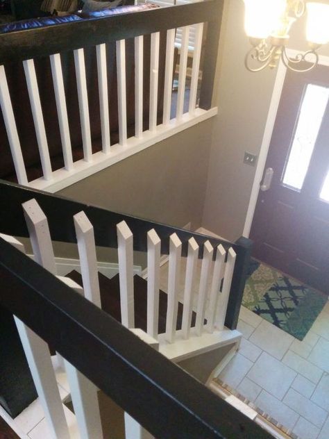 Banister Remodel, Stair Railing Makeover, Foyer Stairs, Stairs Renovation, Split Foyer, Foyer Staircase, Stair Makeover, 80s Home, Stairs Makeover