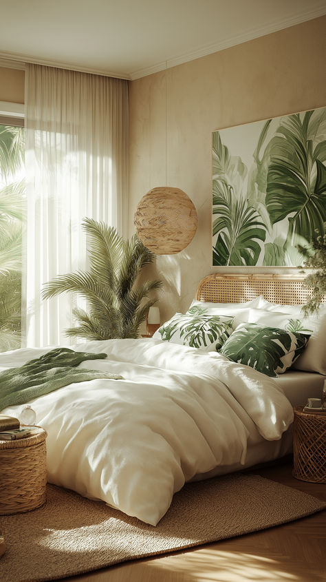 Immerse yourself in this tropical chic bedroom featuring soothing pastel tones, natural textures, and soft natural light. The balanced layout includes a crisp white bed with muted green and earthy-tone pillows, a textured feature wall adorned with tropical-inspired art, and warm wooden accents. Lush potted palms enhance the tropical atmosphere, while the woven rug and rattan elements add warmth and comfort. #TropicalChic #BedroomDecor #NaturalTextures #HomeInspo #TropicalVibes Tropical Boho Home Decor, Tropical Themed Bedroom Ideas, Tropical Master Bedrooms Decor, White Earthy Bedroom, Planty Bedrooms Aesthetic, Retro Tropical Aesthetic, Green Tropical Bedroom, Tropical Bedroom Ideas Caribbean, Tropical Guest Bedroom