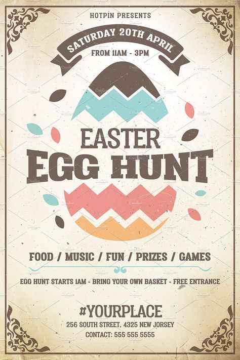 Easter Egg Hunt Flyer by Hotpin on @creativemarket  #easter #egghunt #vintage #event #poster #easterflyer #flyer #template #print #design #flyerdesign Easter Egg Hunt Poster, Easter Email Design, Easter Poster Ideas, Easter Design Poster, Easter Design Graphic, Easter Event Poster, Easter Poster Design Graphics, Easter Fundraiser, Easter Advertising