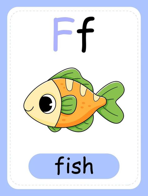 Alphabet card for children with the letter F and fish. Educational card for kids. The word fish, the English alphabet. F Words For Kids, F For Fish, F Is For Fish, Alphabet Word Wall Cards, Classroom Posters Elementary, Alphabet Word Wall, Alphabet Flash Cards Printable, F Alphabet, Carnival Signs