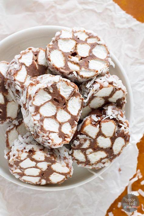 Shaggy Dogs - This candy recipe has chocolate, marshmallows and coconut in slices that are perfect for gift giving. Cranberry Pistachio Fudge, Dog Candy, Coconut Roll, Taste And Tell, Shaggy Dog, Chocolate Marshmallow, Chocolate Roll, Candy Recipe, Chocolate Marshmallows