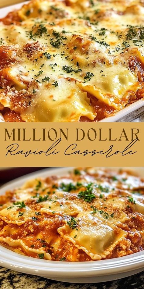 ✨ Craving a comforting, crowd-pleasing dish? Look no further! This Million Dollar Ravioli Casserole is creamy, cheesy, and packed with flavor. Perfect for weeknight dinners or holiday gatherings, this one-dish wonder is layered with ravioli, marinara, and a rich cheese blend that melts in every bite. 🧀🍝 Easy to make and even easier to love, this casserole is the ultimate family favorite. ❤️ Save this recipe now for your next dinner idea! #RavioliCasserole #MillionDollarRecipe #EasyDinnerIdeas Cavatini Recipe, Ravioli Pasta Recipe, Beef Ravioli Recipe, Ravioli Dinner Ideas, Million Dollar Ravioli, Sunday Family Dinner Ideas, Cheese Ravioli Recipe, Ravioli Casserole, Main Dish Casseroles