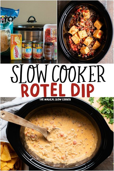 Make the famous Rotel Dip in the slow cooker with only a few ingredients. Beef Enchilada Dip Crockpot, Rotel Dip With Ground Beef Instant Pot, 321 Dip Crockpot, Meat And Cheese Dip Crockpot, Rotel Dip Instant Pot, Rotel And Sausage Dip, Gameday Dips Crockpot, Rotel Dip Oven, Velveeta Cheese Dip Rotel