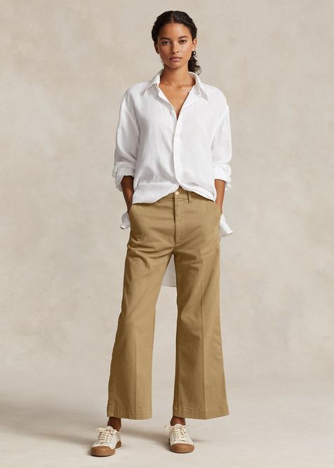 Chino Wide-Leg Trouser Elegant Fitted Wide-leg Chinos, Elegant Tailored Wide-leg Chinos, Everyday Wide-leg Chinos With Welt Pockets, Classic Wide-leg Chinos With Welt Pockets, Khaki Wide-leg Relaxed Fit Chinos, Chino Pants Women, Womens Chinos, Wide Leg Crop Pants, Twill Pants