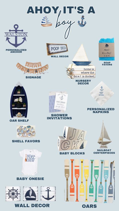 Set sail on a sea of celebration with an Ahoy, It's a Boy nautical baby shower! We've gathered a treasure trove of must-have products to help you create an unforgettable maritime-themed event. From adorable sailor outfits to seaworthy decorations, our handpicked selection will bring the spirit of the open seas to your baby shower. Explore charming nautical nursery decor, anchor-inspired clothing, maritime baby accessories, and more. Dive into our list of maritime marvels to make your baby shower Lake Baby Shower Theme, Nautical Baby Shower Ideas, Nautical Nursery Ideas, Nautical Boy Baby Shower Ideas, Coastal Baby Shower Theme, Sailor Baby Shower Theme, Ahoy Its A Boy Baby Shower Ideas, Ahoy It's A Boy Baby Shower Ideas, Nautical Baby Shower Food