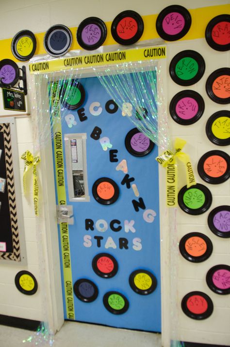 Door Decorations Rock And Roll Door Theme, Rock And Roll School Theme Bulletin Boards, 80s Themed Classroom Door, Music Classroom Door Decorations, Music Themed Classroom Door, Music Themed Classroom Decorations, Rock N Roll Bulletin Board, Rock Theme Classroom, Music Hallway Decorations