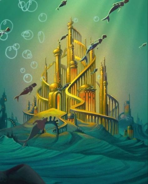 Mermaid Castle Drawing, Ariel Castle, Ariel Cartoon, Underwater Drawing, Ariel Baby, Marine Landscape, Sea Creatures Art, Castle Drawing, Disney Canvas Art