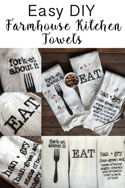 Easy way to make your own kitchen towels. Add some humor to your kitchen and… Make Your Own Kitchen, Cameo 4 Projects, Farmhouse Kitchen Towels, Diy Towels, Silhouette Vinyl, Bloggers To Follow, Flour Sack, Dream Design, House Beautiful