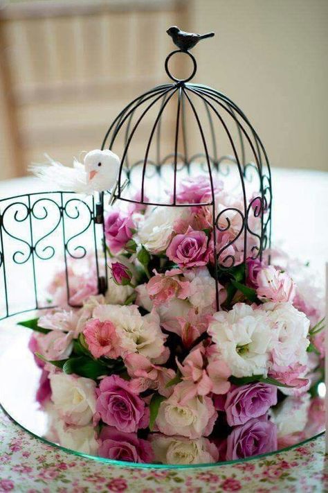 Raindrops And Roses, Bird Cage Decor, בר מצווה, Flowers And Butterflies, Bird Cages, Bird Cage, Decoration Table, The Table, Wedding Shower