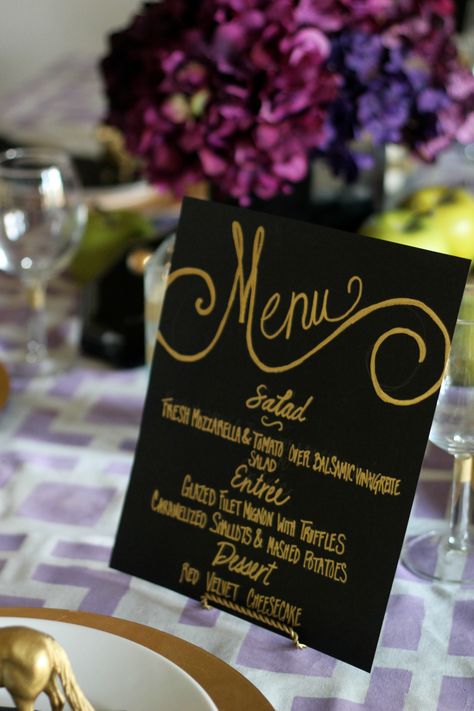 DIY menu sign by PartiesforPennies.com #entertaining #tablescape Diy Menu Cards Crafts, Prom Dinner Menu Ideas, Gold Table Setting Ideas, Black Gold Table Setting, Party Menu Design, Menu Card Ideas, 50th Birthday Dinner, Diy Menu Cards, Diwali Decoration Lights