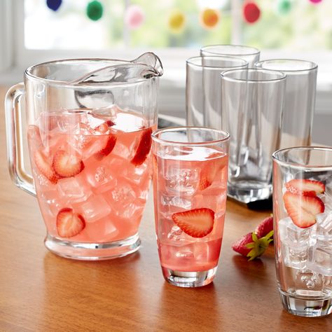 Mainstays 7-Piece Clear Glass Pitcher and Drinkware Tumbler Set - Walmart Finds - Featuring six tall cooler glasses and a generously-sized glass drink pitcher, this set is great for pouring, serving, and refilling your favorite beverages. #walmartfinds #walmarthome #affordablekitchen #patio #drinkware #glasspitcherset #summerentertainment #outdoordining