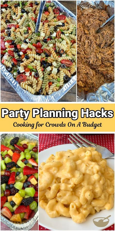 In this party planning food guide we have easy-to-make recipes to help cook food for a crowd. We typically make at least a few recipes for the menu in an electric roaster. Here are the tips that we have learned when planning a graduation party buffet, DIY wedding, large funeral meal, family reunion, fundraiser dinner, concession stand, big birthday party, Thanksgiving, Christmas or other holiday meal. Family Reunion Meals Cooking For A Crowd, Easy Recipes For Large Crowds, Cheap Party Meals, Food For 150 People Party, Feeding A Large Crowd, Class Reunion Food Ideas, Bbq For A Large Crowd Food Ideas, Easy Birthday Meals For A Crowd, Foods That Feed A Crowd