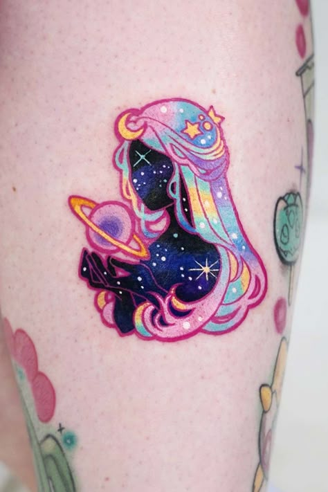 The Most Popular Tattoo Ideas And The Origins Of Tattoo Art ★ Galaxy Female Portrait Kawaii Space Tattoo, Weirdcore Tattoo, Galaxy Tattoo, Kawaii Tattoo, Tattoos Geometric, Tatuaje A Color, Cute Little Tattoos, Most Popular Tattoos, Space Tattoo