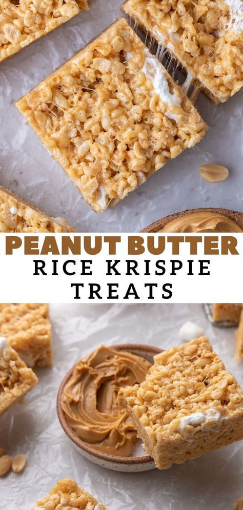 These homemade peanut butter rice krispy treats will change your life! They are made with peanut butter, butter, marshmallows, and rice Krispy cereal to yield thick and chewy no bake rice Krispy treats that the whole family will love! If you ever need a quick and easy sweet snack this no bake is it for you. These sweet treats are also perfect to bring to family gatherings as well as Christmas parties. Treats With Marshmallows, Marshmellow Treats, Peanut Butter Rice Crispy Treats, Sweet Snacks Easy, Peanut Butter Rice Crispies, Rice Crispy Bars, Peanut Butter Rice Krispie Treats, Peanut Butter Rice Krispies, Krispie Treats Recipe