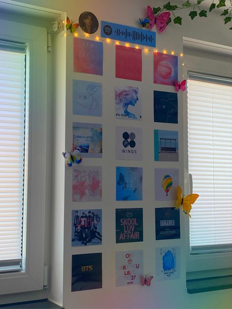 bts bangtan’s album covers as wall decoration room inspiration bts army room Wall Collage Album Covers, Wall Decor Album Covers, K Pop Wall Decor Ideas, Kpop Room Decor Ideas Diy, Kpop Wall Ideas Bedroom, Album Covers On Wall, Kpop Cd Wall, Bts Decoration Ideas, Bts Poster Room Decor