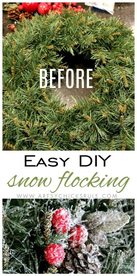 DIY Snow Flocking artsychicksrule.com #snowflocking #diysnowflock #flockedtree #diysnowflocking How To Flock Garland, Flocking Technique, Diy Flocking Powder, Flocked Trees Ideas, Christmas Help, Snow Flock, Glam Christmas Decor, Flocked Trees, Glam Christmas