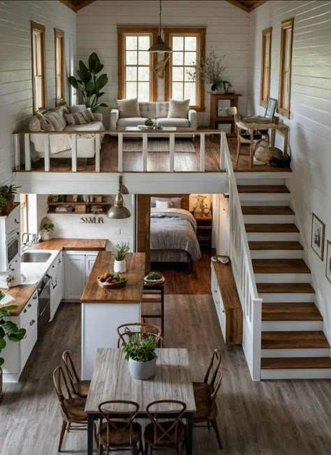 Loft Studio Layout, Tony Homes Ideas, Tiny House Floor Plans With Loft, Dumpster Business, Tiny House Interior Design Ideas, Loft House Design, Small Cottage House Plans, Small Cottage Homes, Tiny House Layout