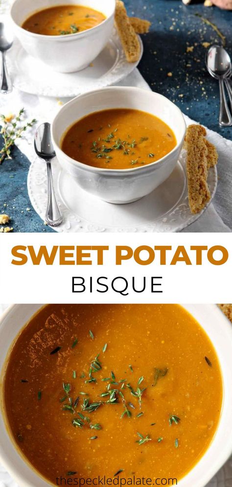 Cream Of Sweet Potato Soup, Potato Bisque, Sweet Potato Recipes Soup, Sweet Potatoes Soup Recipes, Sweet Potatoes Soup, Soup Recipes Sweet Potato, Bisque Recipes, Sweet Potato Bisque, Creamy Sweet Potato And Sausage Soup