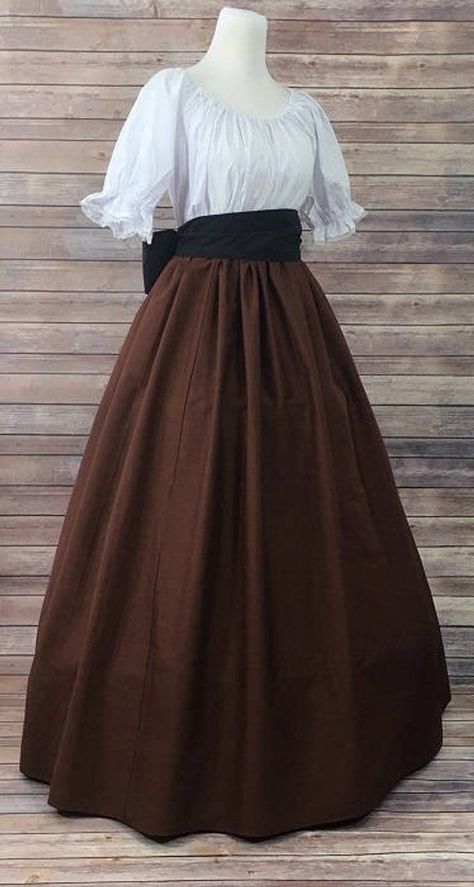 Hoop Petticoat, Gaun Abad Pertengahan, Pioneer Dress, Burgundy Skirt, Full Maxi Skirt, Elastic Sleeves, Skirt Blouse, Old Fashion Dresses, Brown Skirt